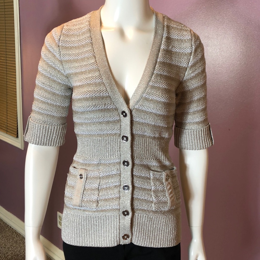 White House Black Market Beige Striped Knit Cardigan